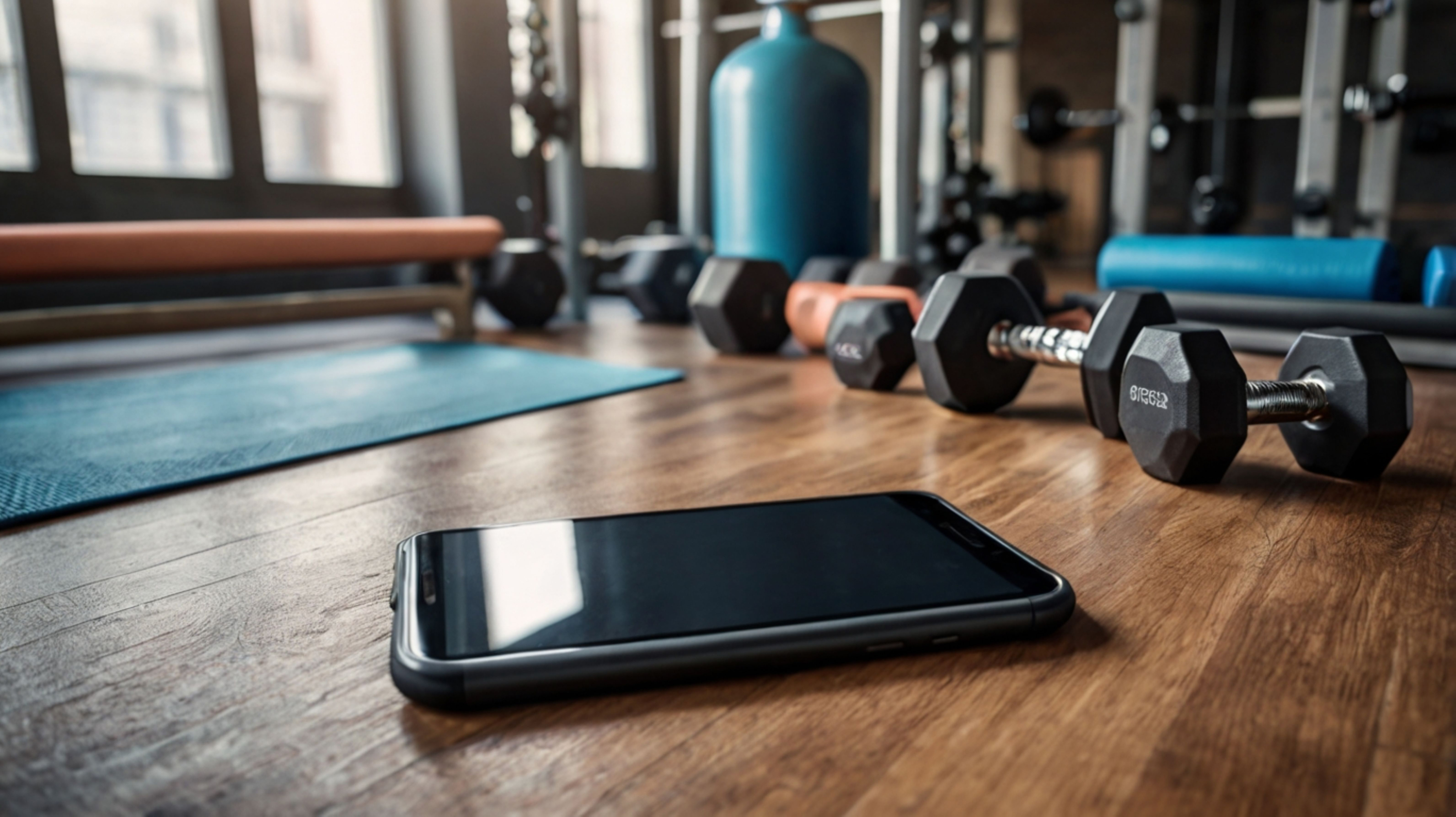 Phone left on the gym floor next to dumbbells